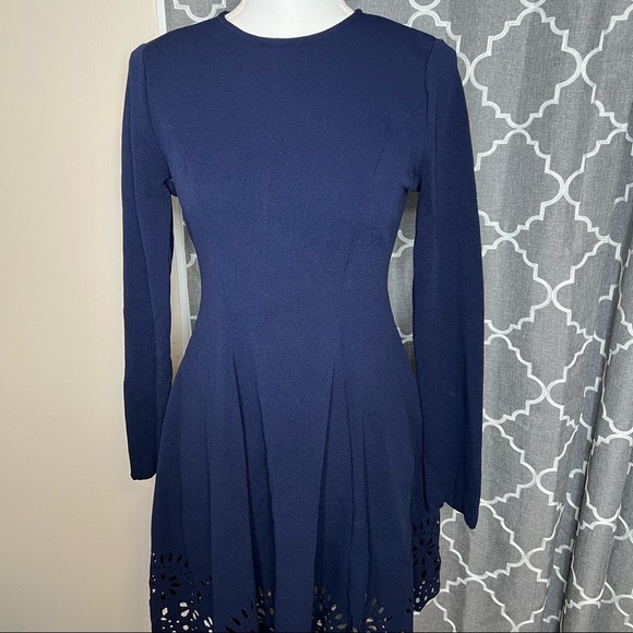 Romwe Navy Scalloped Hem Stretchy Knit Flared Skater A-line Dress - Picture 2 of 8